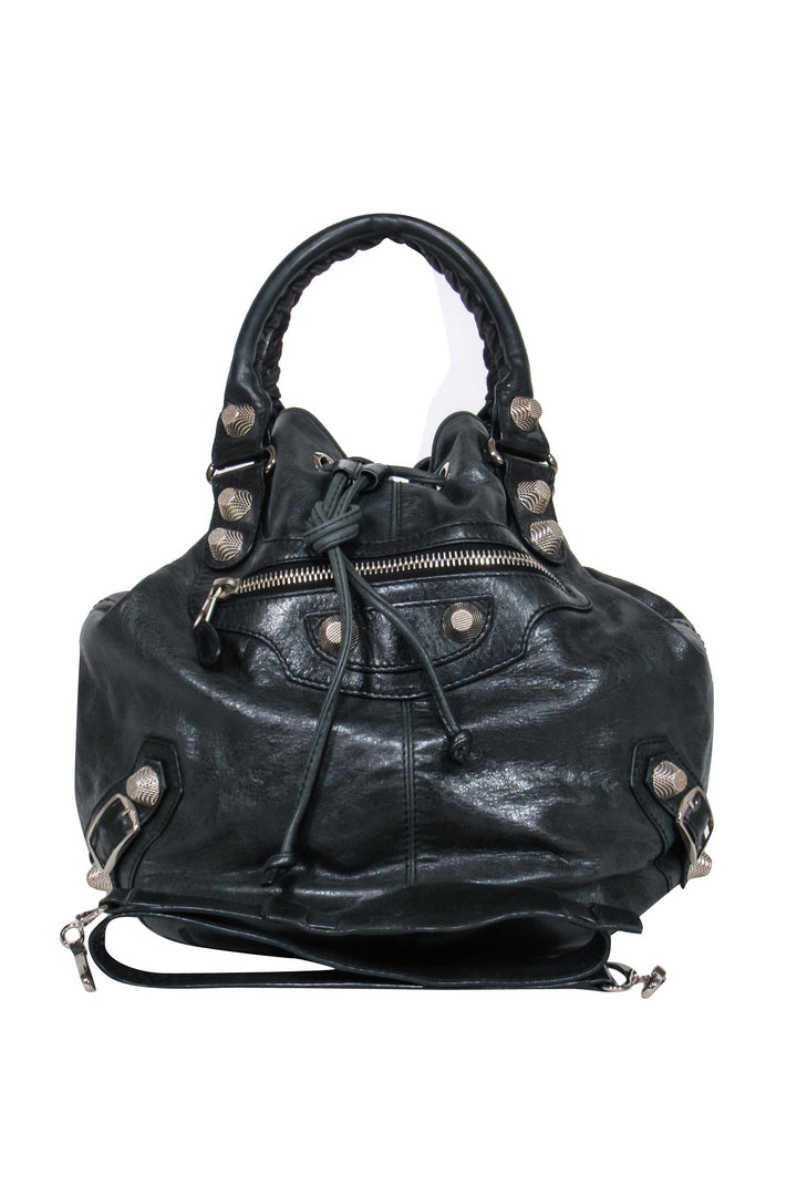 Top Quality Balenciaga - Black Leather Studded Motorcross Pompon Bucket Bag