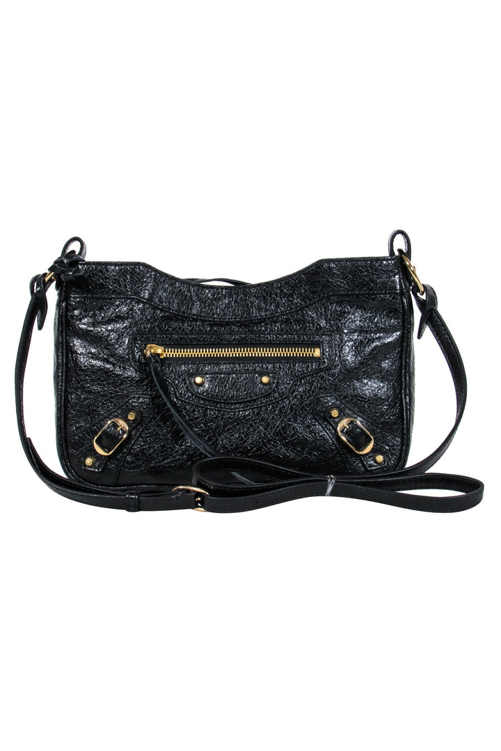 balenciaga - Black Leather Textured Crossbody w/ Gold Hardware