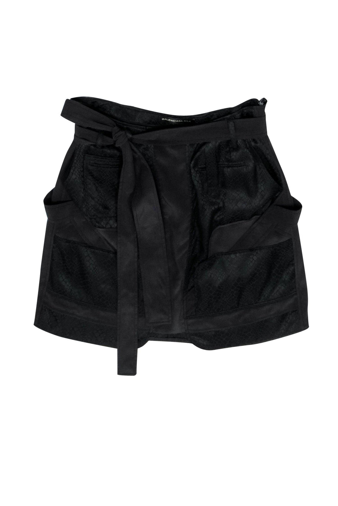 Top Quality Balenciaga - Black Reptile Embossed Belted Silk Miniskirt Sz 2
