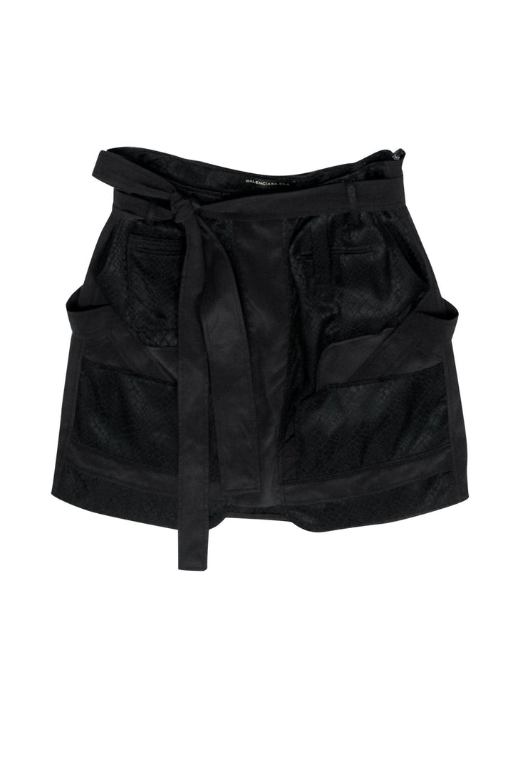 Top Quality Balenciaga - Black Reptile Embossed Belted Silk Miniskirt Sz 2