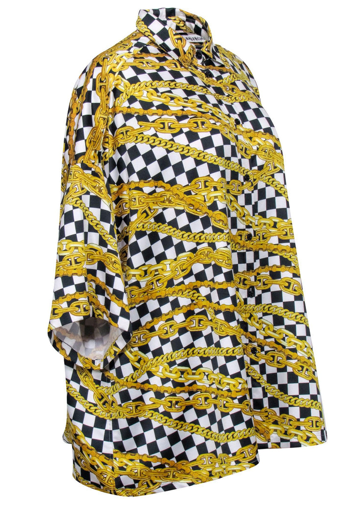 Top Quality Balenciaga - Gold, Black, & White Checkered Chain Print Top Sz 4