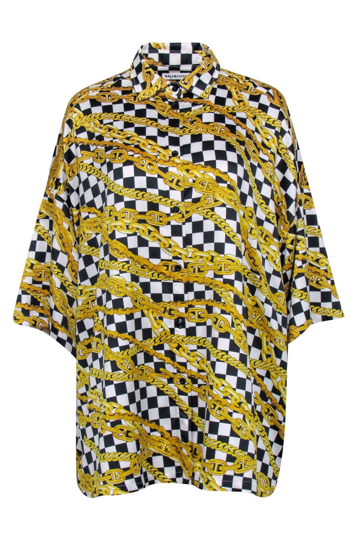 Top Quality Balenciaga - Gold, Black, & White Checkered Chain Print Top Sz 4