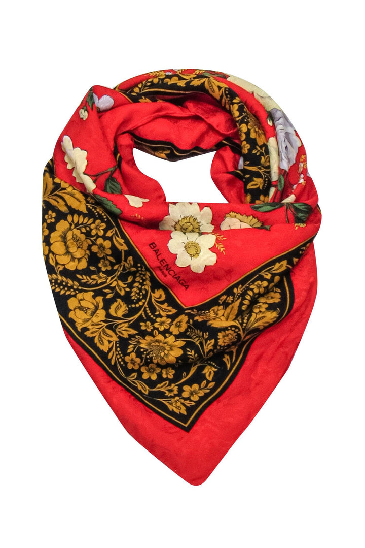 Top Quality Balenciaga - Red Floral Silk Square Scarf