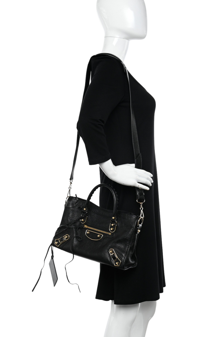 Top Quality Balenciaga Black Leather Metallic Edge City Tote