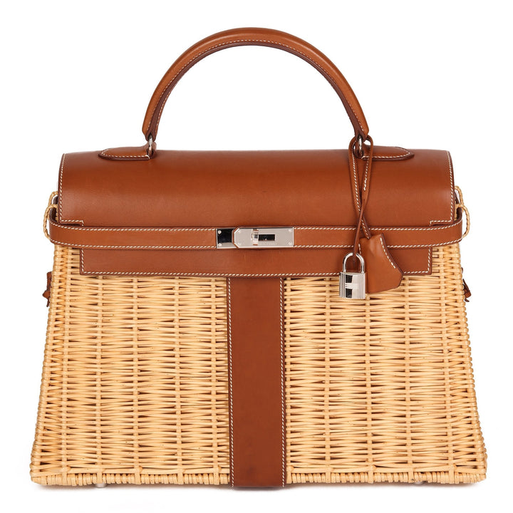 Top quality Hermes Barenia Leather & Wicker Kelly 35cm Picnic Top Handle Bag