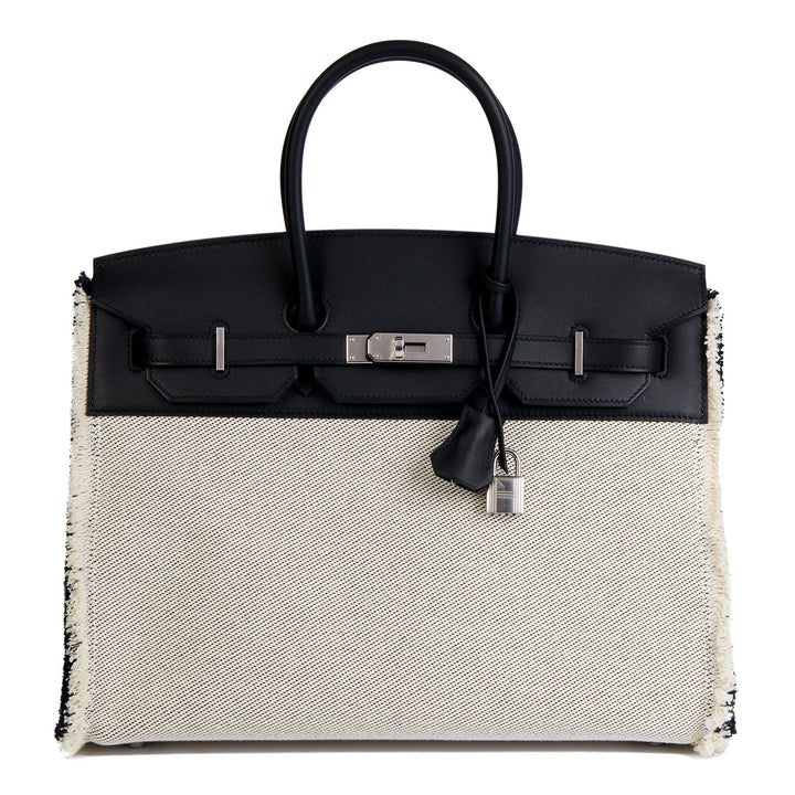 Premium Handmade Hermes Black Swift Leather & Canvas Fray Birkin 35cm Tote