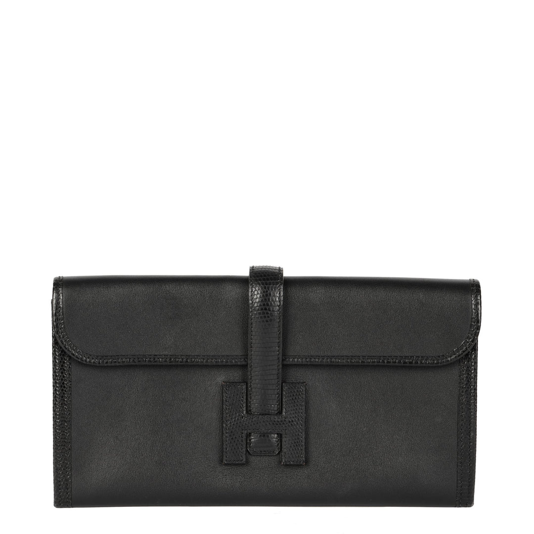 Hermes Black Swift Leather & Niloticus Lizard Leather Jige Elan 29 Clutch
