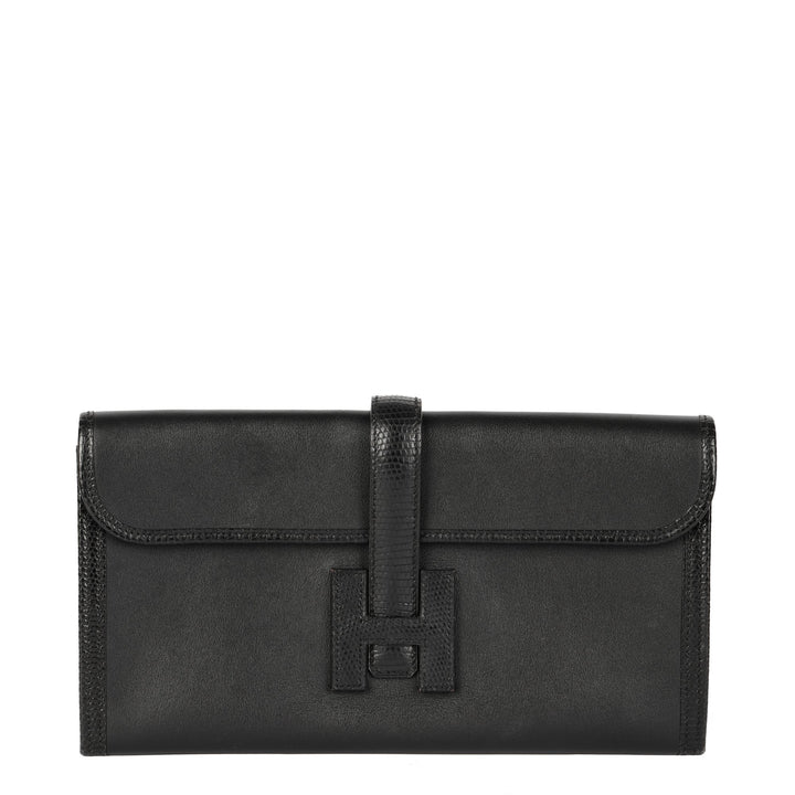 Top quality Hermes Black Swift Leather & Niloticus Lizard Leather Jige Elan 29 Clutch