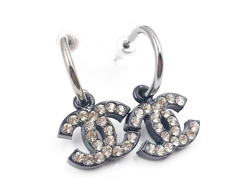Chanel Black CC Shiny Silver Crystal Dangle Hoop Piercing Earrings