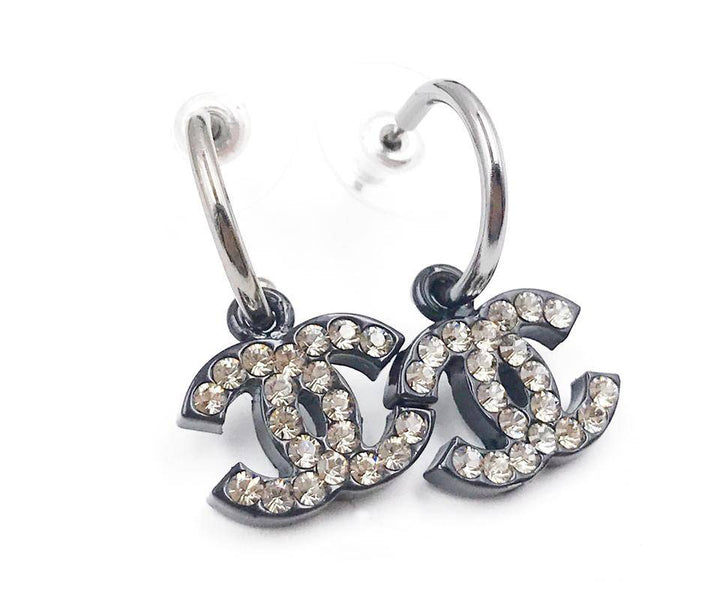 Chanel Black CC Shiny Silver Crystal Dangle Hoop Piercing Earrings