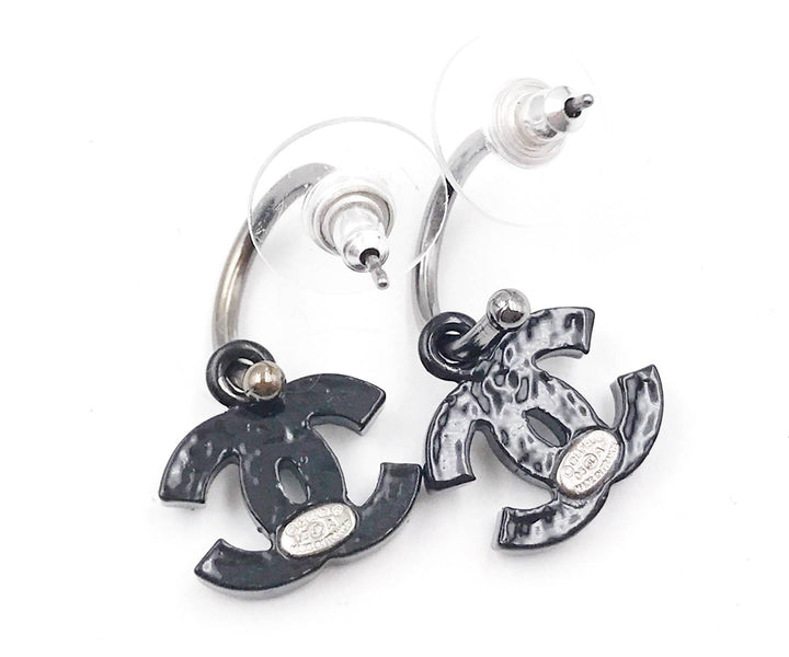 Chanel Black CC Shiny Silver Crystal Dangle Hoop Piercing Earrings