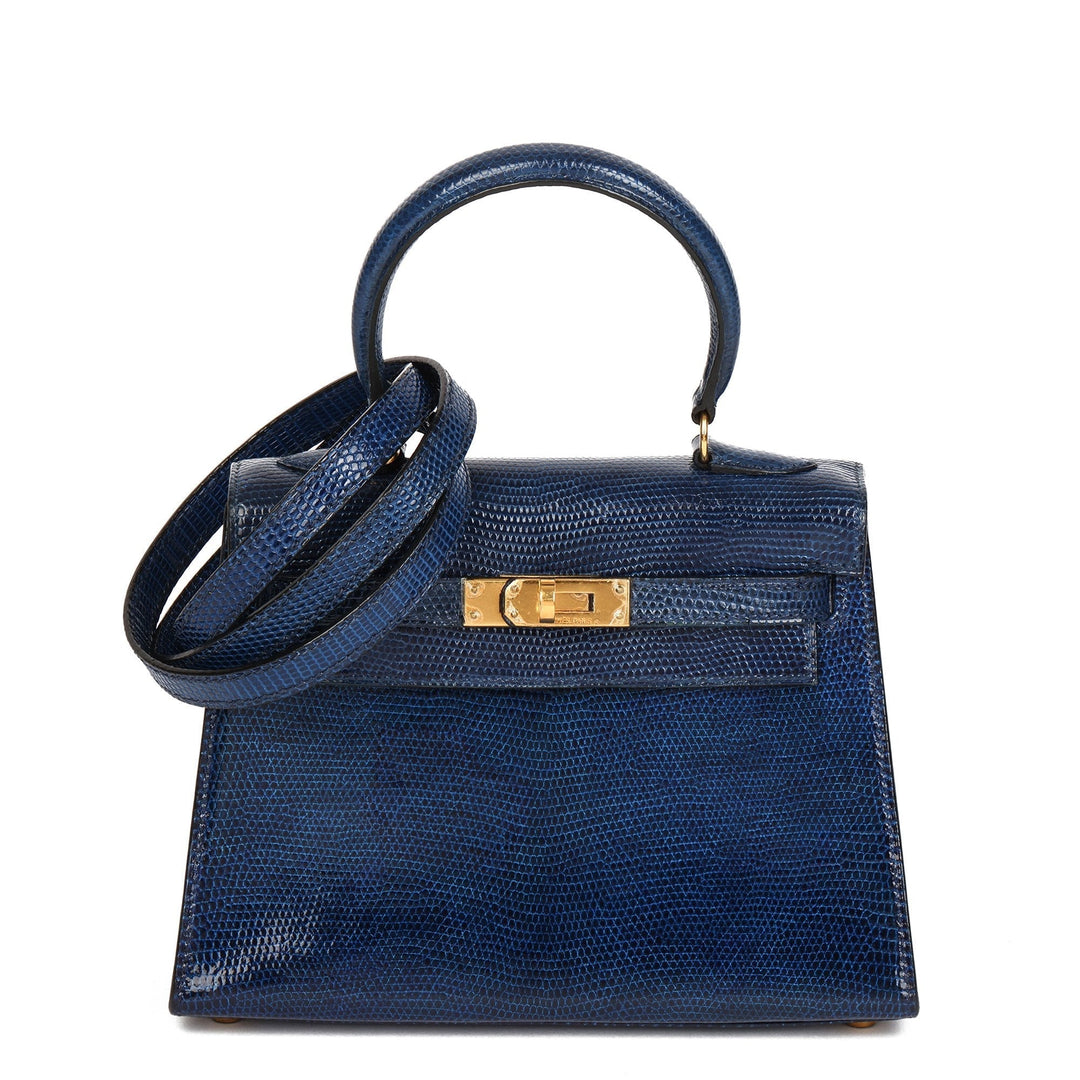 Premium Handmade Hermes Blue Saphir Lizard Leather Vintage Kelly 20cm Sellier Shoulder Bag