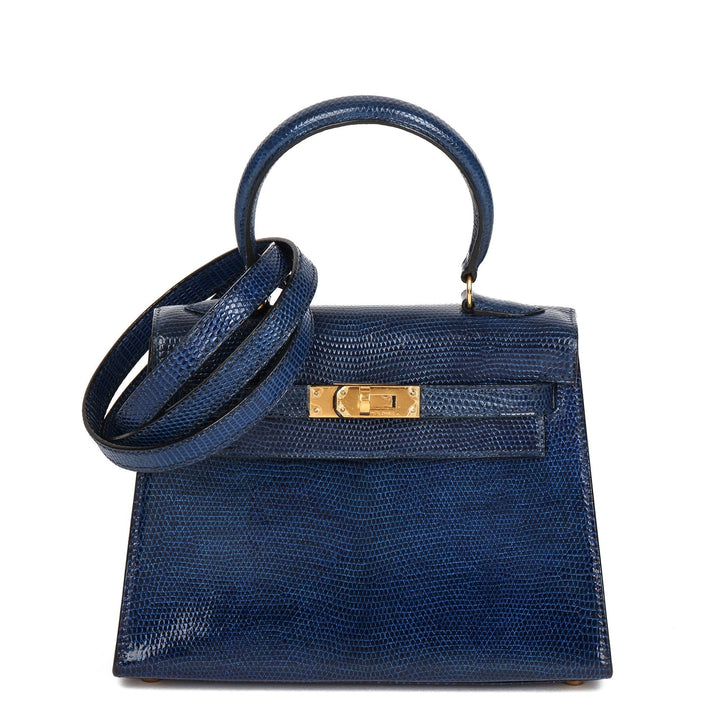 Premium Handmade Hermes Blue Saphir Lizard Leather Vintage Kelly 20cm Sellier Shoulder Bag