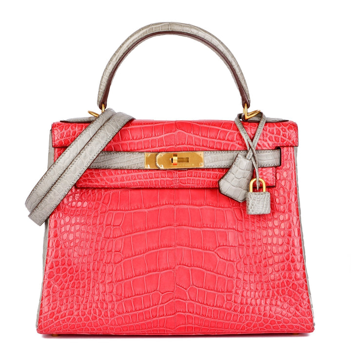 Top quality Hermes Bougainvillea & Gris Perle Matte Mississippiensis Alligator Leather HSS Special Order Kelly 28cm Retourne Shoulder Bag