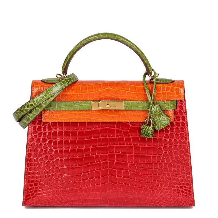Premium Handmade Hermes Braise, Tangerine & Vert Anis Shiny Porosus Crocodile Leather Special Order HSS Kelly 32cm Sellier Shoulder Bag