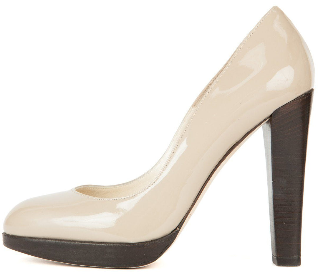 Brian Atwood 36.5 Beige Patent Leather Round Toe Pump
