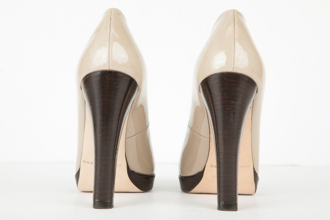 Brian Atwood 36.5 Beige Patent Leather Round Toe Pump