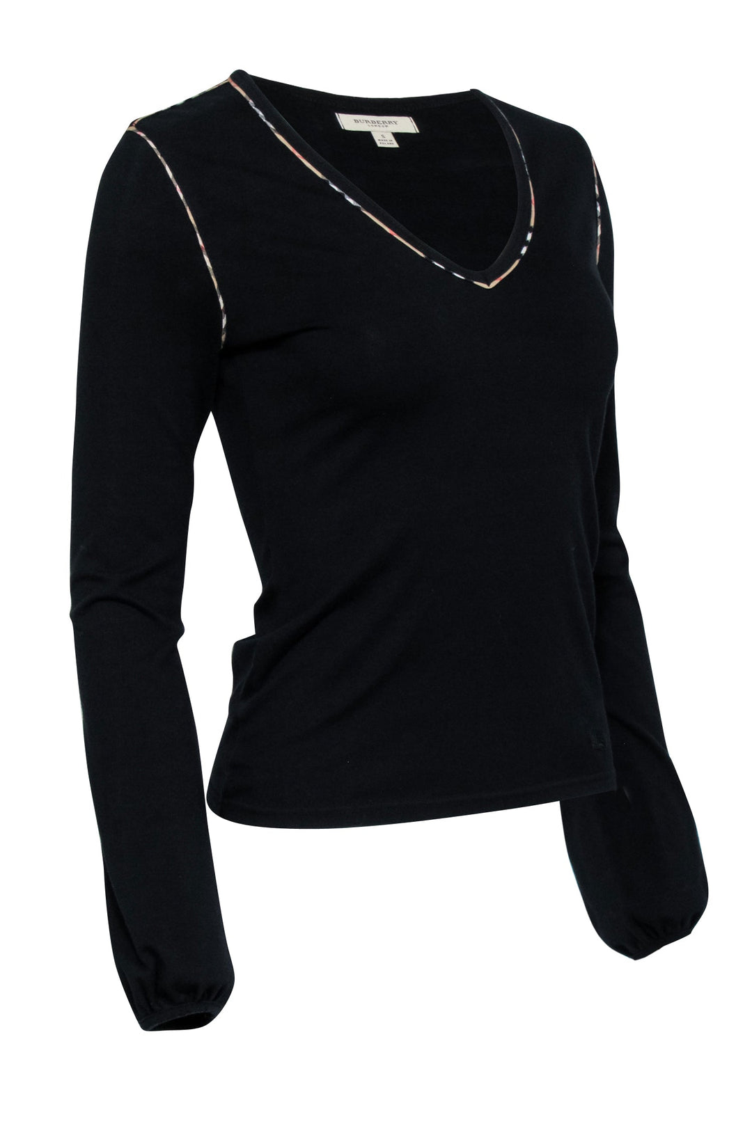 Burberry- Black Long Sleeve Shirt w/ Plaid Contrast Stitching Sz S