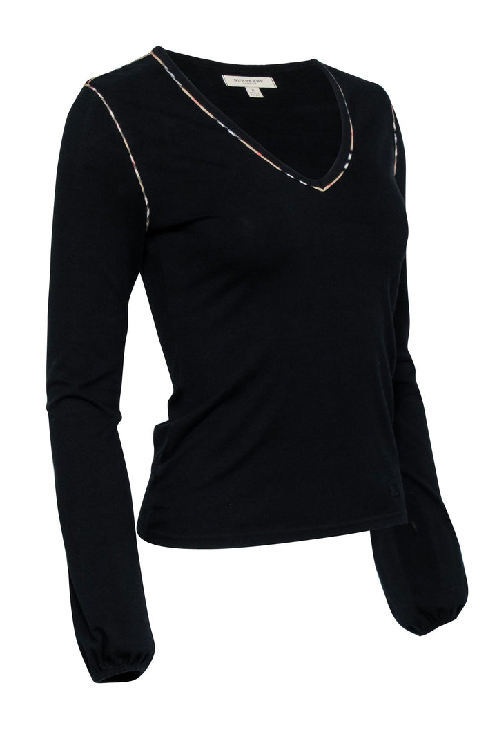 Burberry- Black Long Sleeve Shirt w/ Plaid Contrast Stitching Sz S