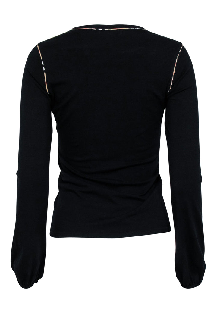 Burberry- Black Long Sleeve Shirt w/ Plaid Contrast Stitching Sz S