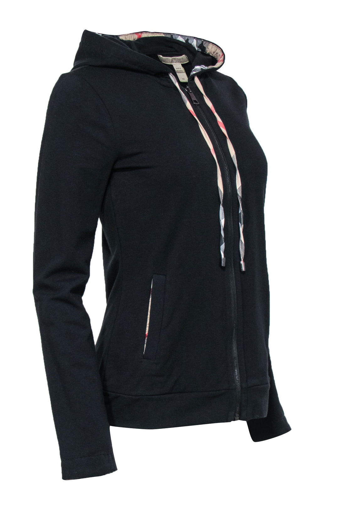 Burberry Brit - Black Zip-Up Drawstring Hoodie w/ Tartan Print Trim Sz M