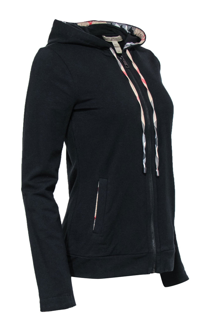 Burberry Brit - Black Zip-Up Drawstring Hoodie w/ Tartan Print Trim Sz M