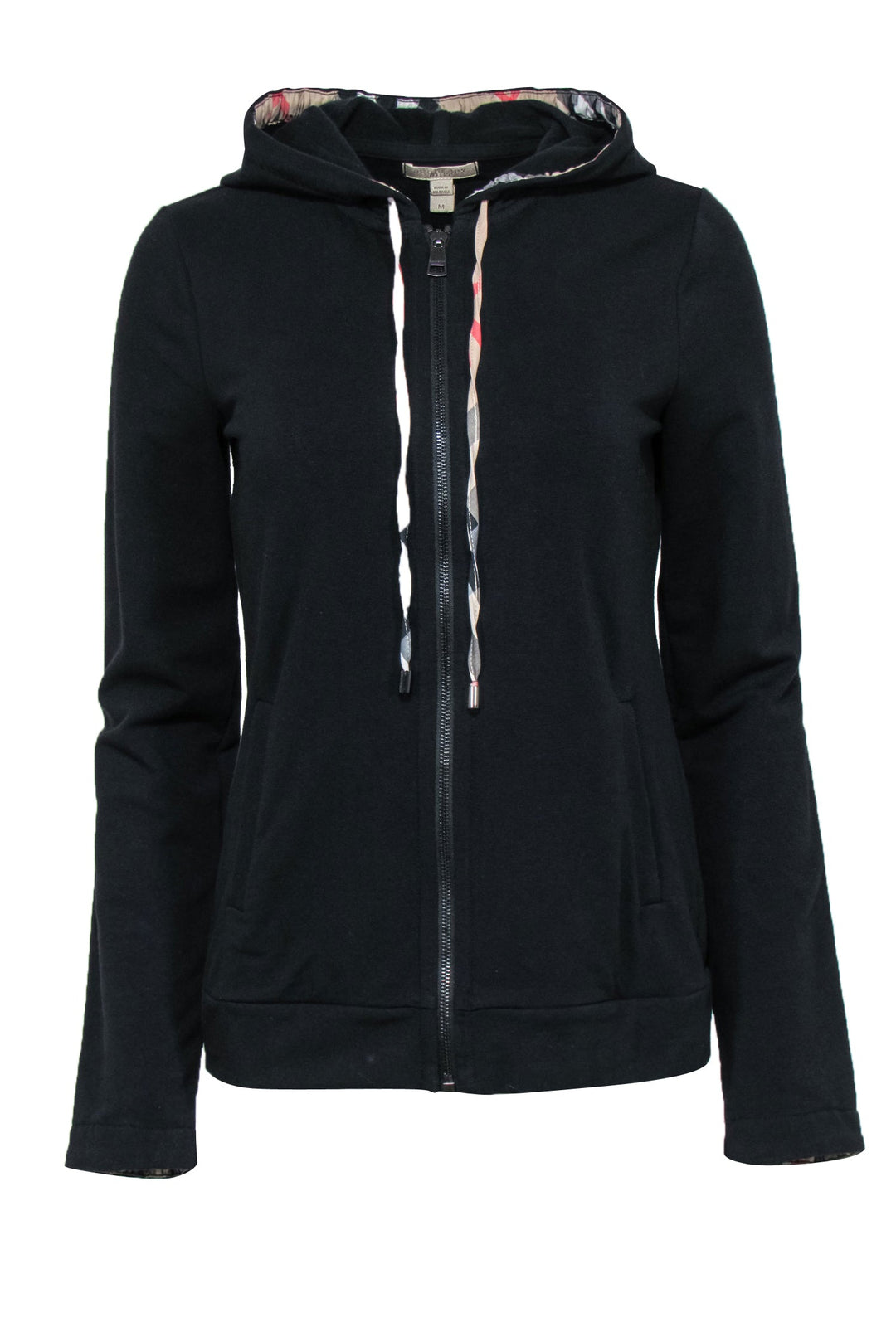 Burberry Brit - Black Zip-Up Drawstring Hoodie w/ Tartan Print Trim Sz M