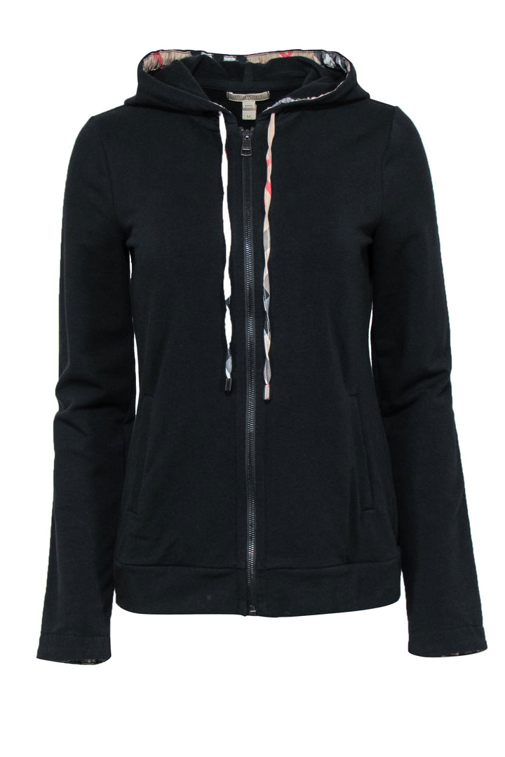 Burberry Brit - Black Zip-Up Drawstring Hoodie w/ Tartan Print Trim Sz M