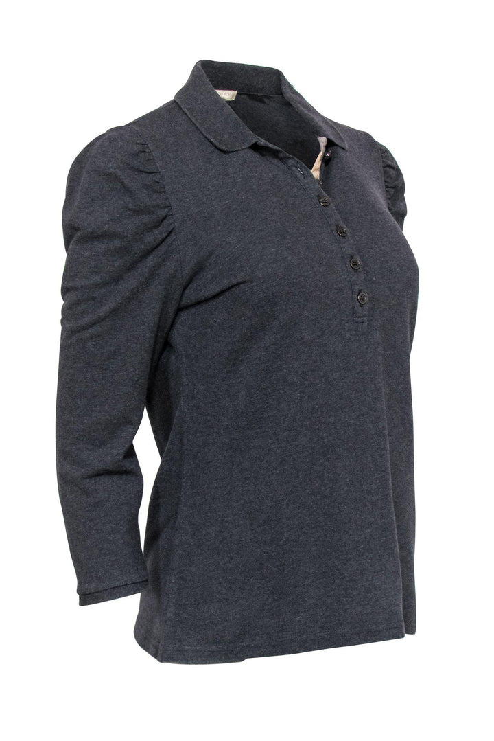 Burberry Brit - Charcoal Puff Sleeve Half Button-Up Polo Top Sz L