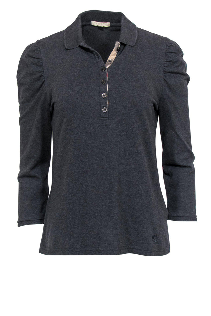 Burberry Brit - Charcoal Puff Sleeve Half Button-Up Polo Top Sz L