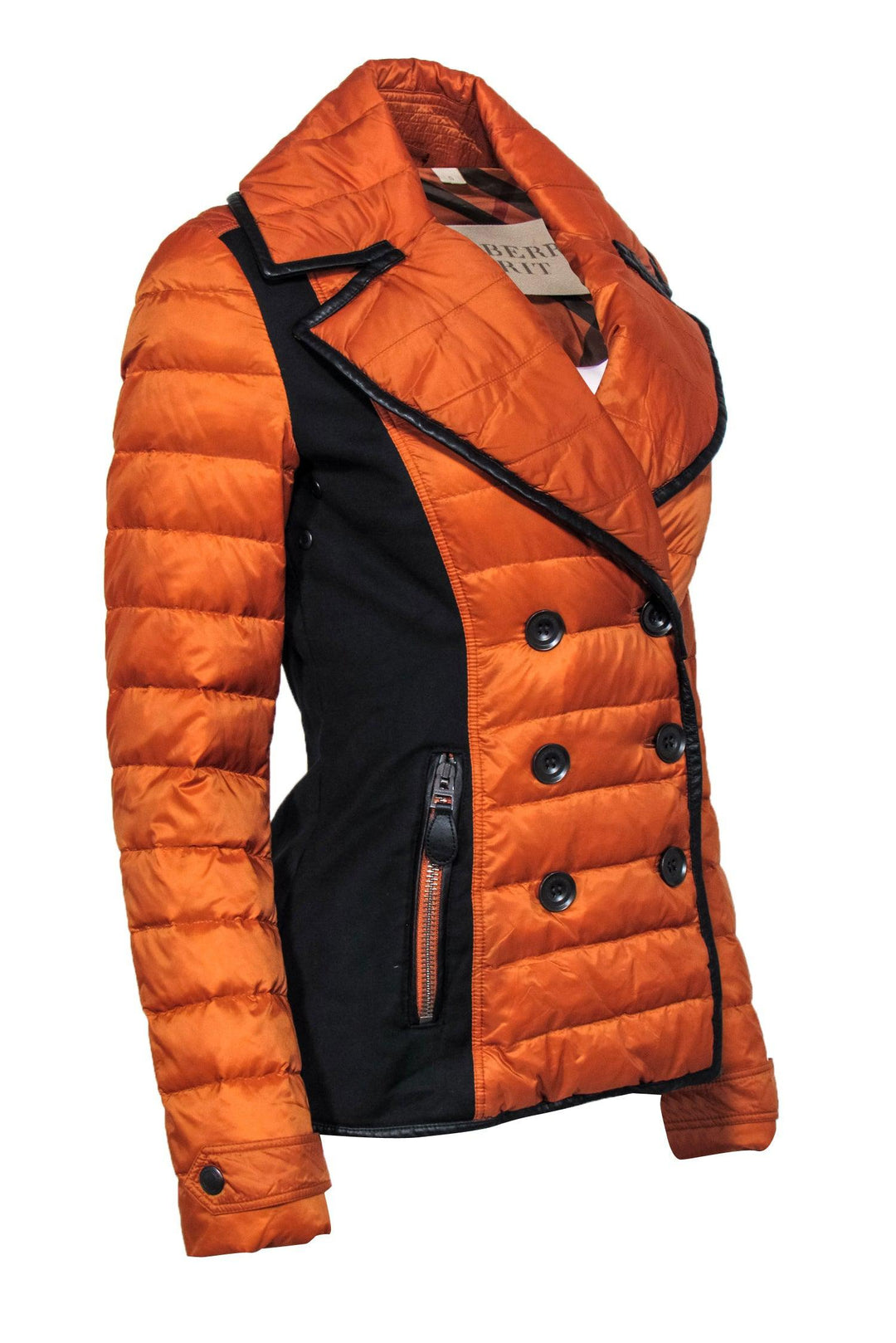 Burberry Brit - Orange Goose Down Puffer Double Breasted Jacket w/ Leather Trim Sz S