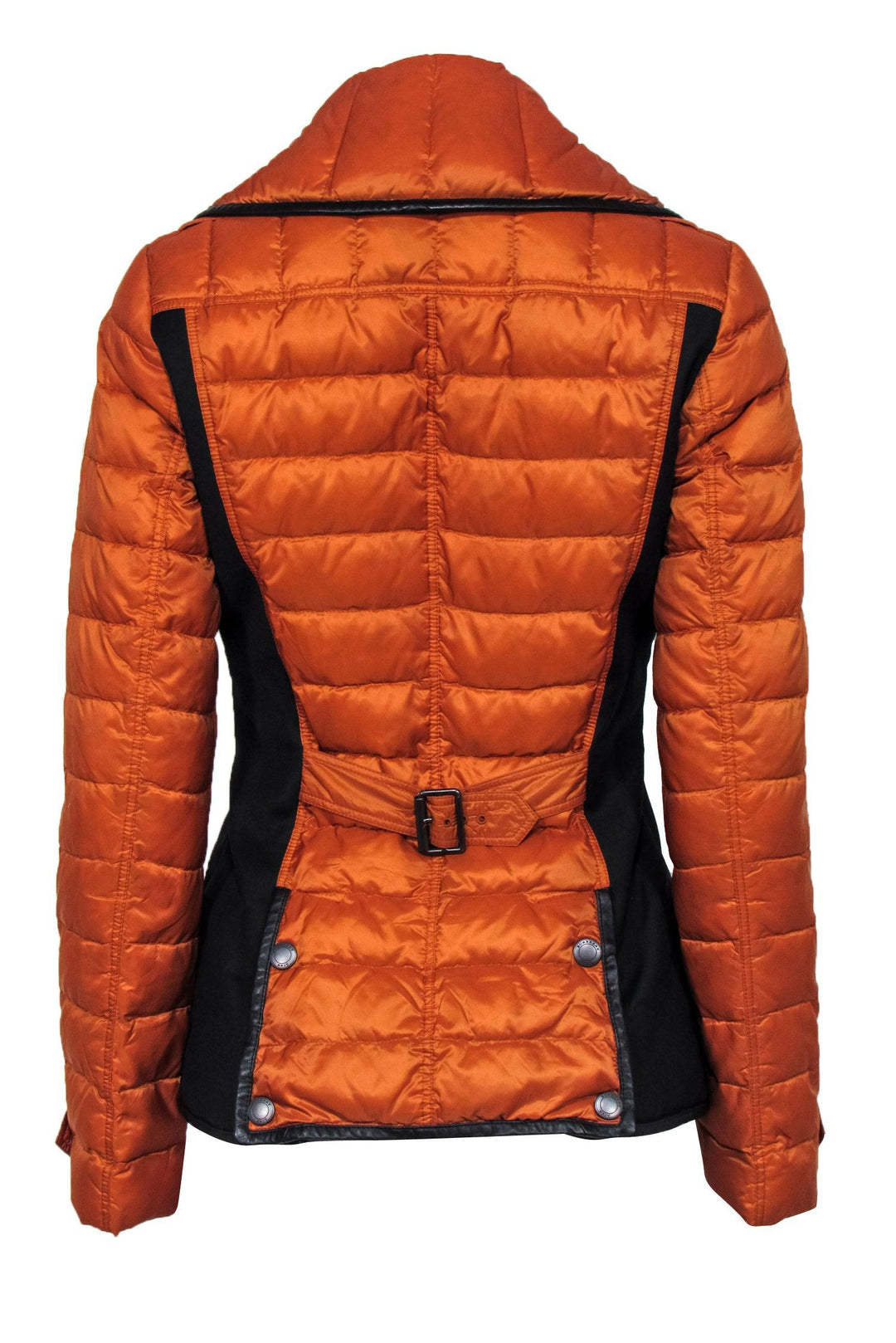 Burberry Brit - Orange Goose Down Puffer Double Breasted Jacket w/ Leather Trim Sz S