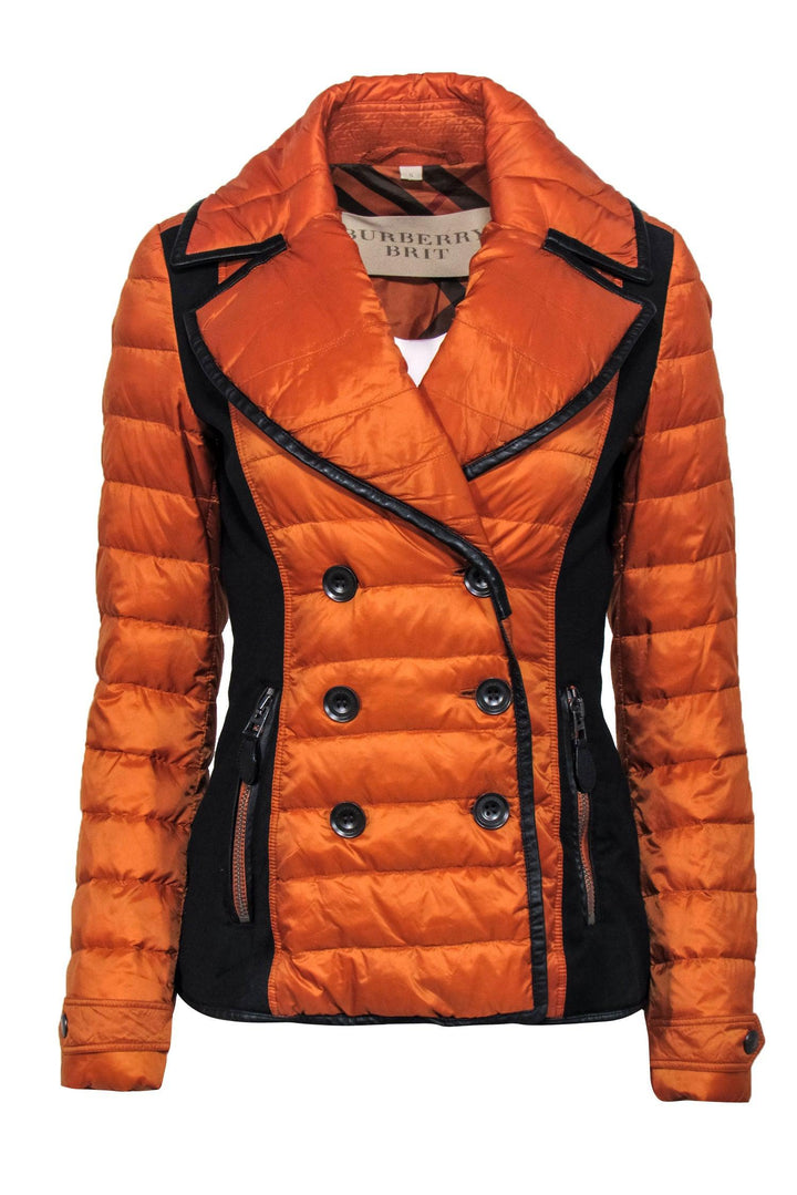 Burberry Brit - Orange Goose Down Puffer Double Breasted Jacket w/ Leather Trim Sz S