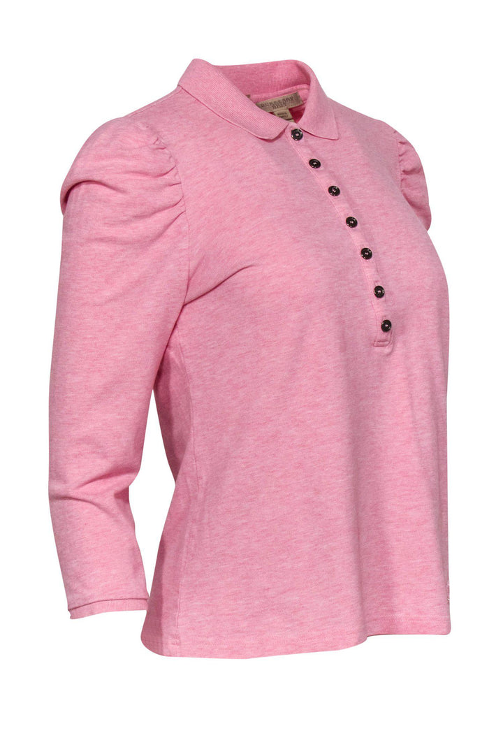 Burberry Brit - Pink Puff Sleeve Half Button-Up Polo Top Sz L