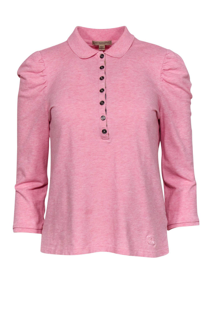 Burberry Brit - Pink Puff Sleeve Half Button-Up Polo Top Sz L