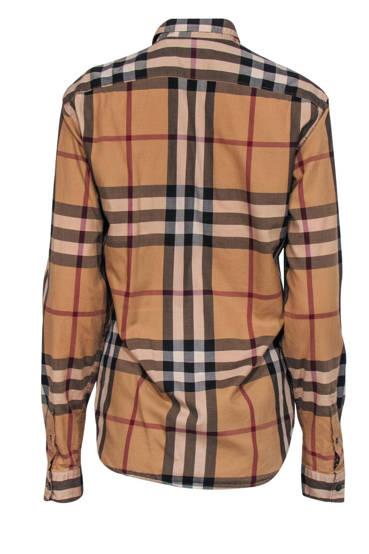 Burberry Brit - Tan, Maroon & Black Tartan Print Button-Up Blouse Sz S