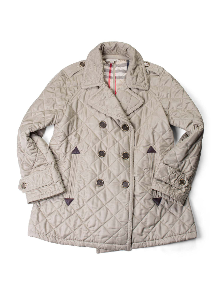 Burberry Double Breasted Quilted Nova Check Coat Beige-designer resale