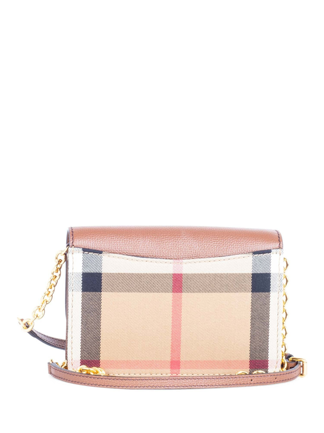Burberry Leather Hampshire House Check Wallet on Chain Brown Gold