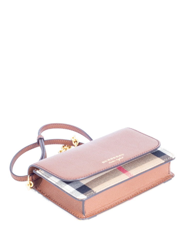 Burberry Leather Hampshire House Check Wallet on Chain Brown Gold