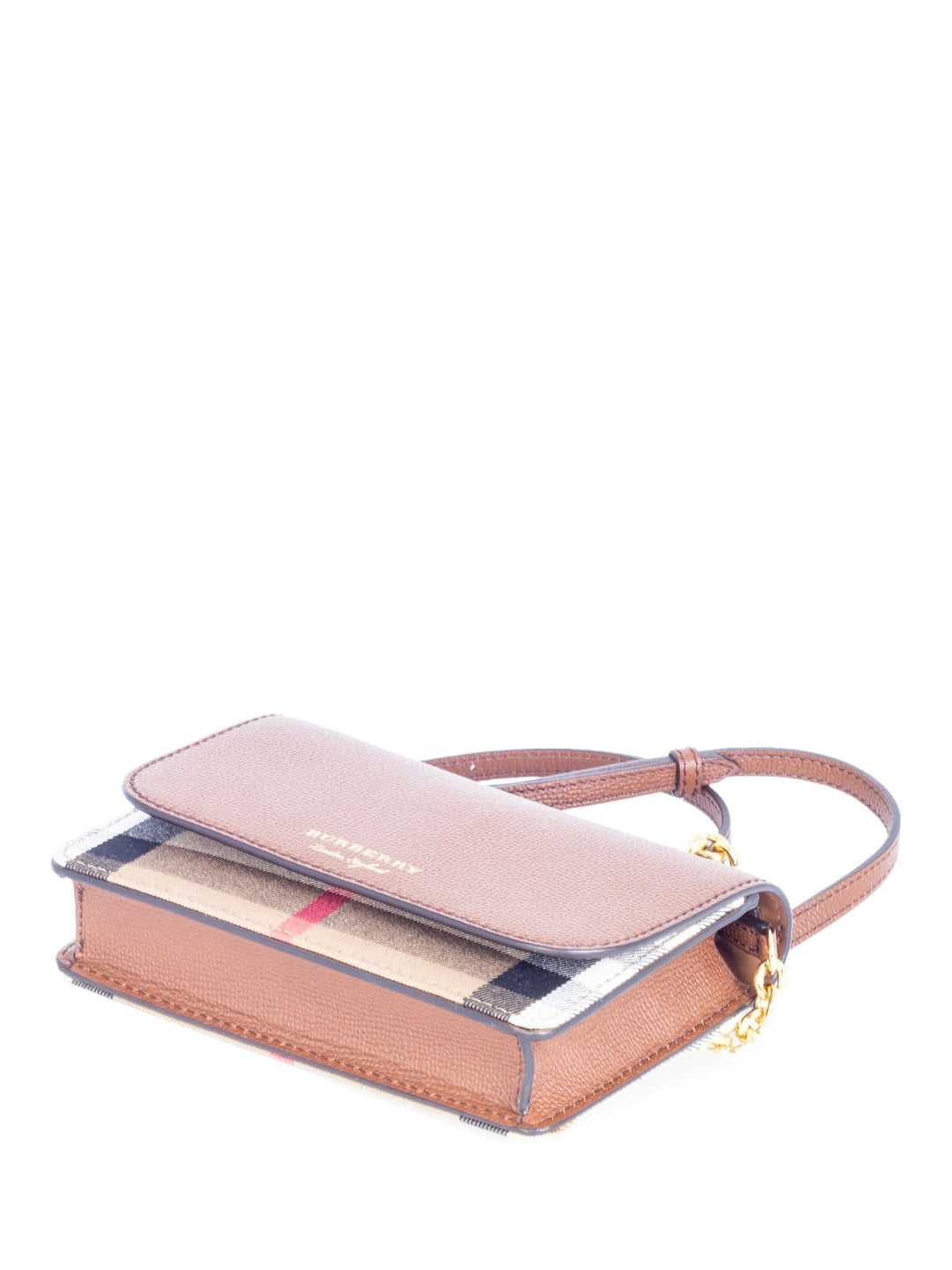 Burberry Leather Hampshire House Check Wallet on Chain Brown Gold