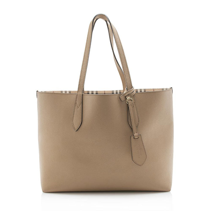 Burberry Leather Haymarket Check Reversible Medium Tote (SHF-12681)