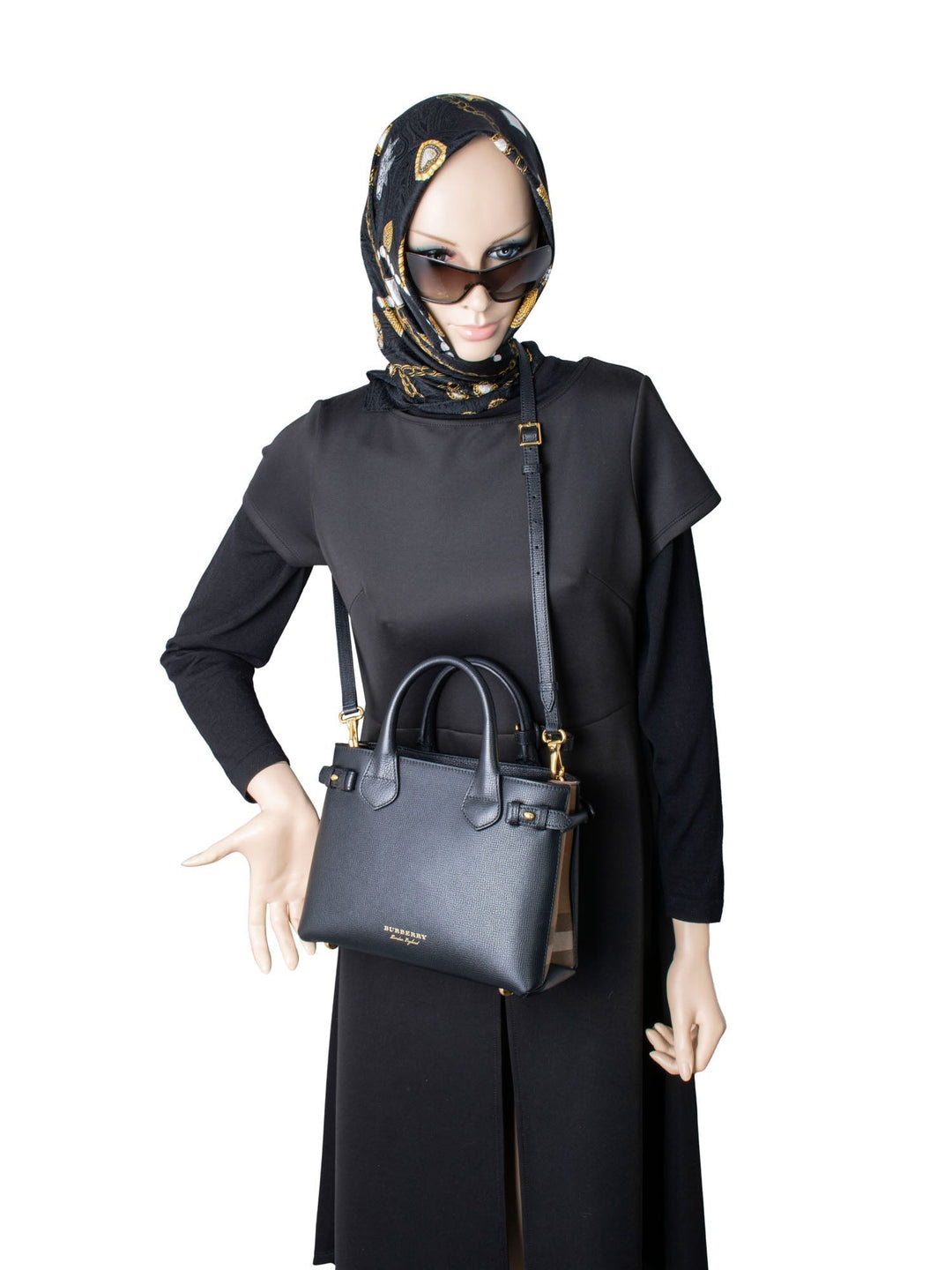 Burberry Leather House Check Small Derby Banner Tote Black
