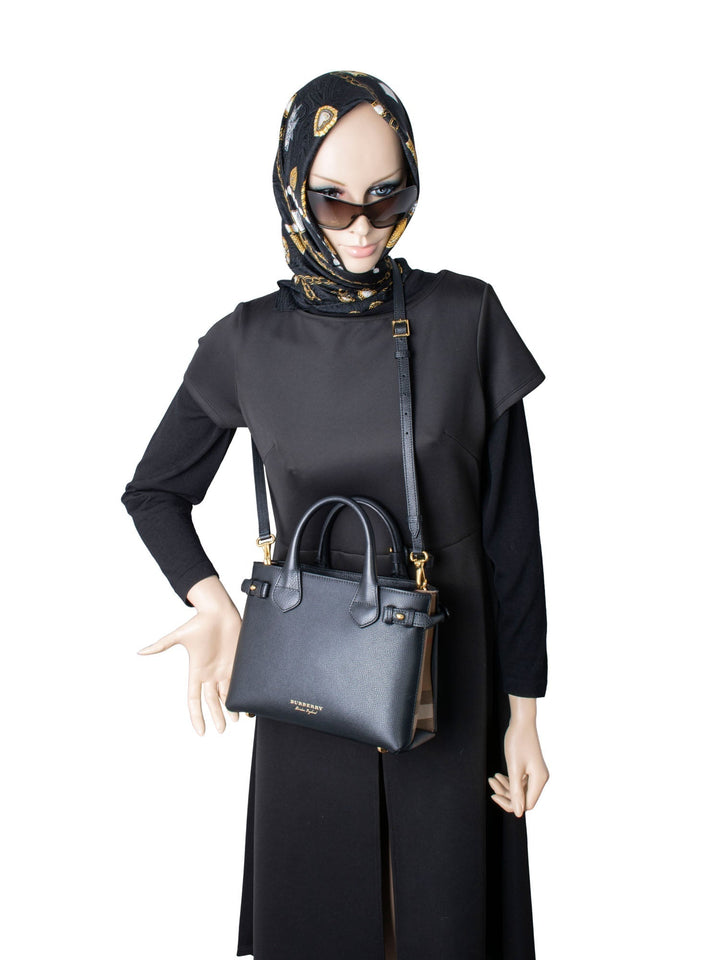 Burberry Leather House Check Small Derby Banner Tote Black