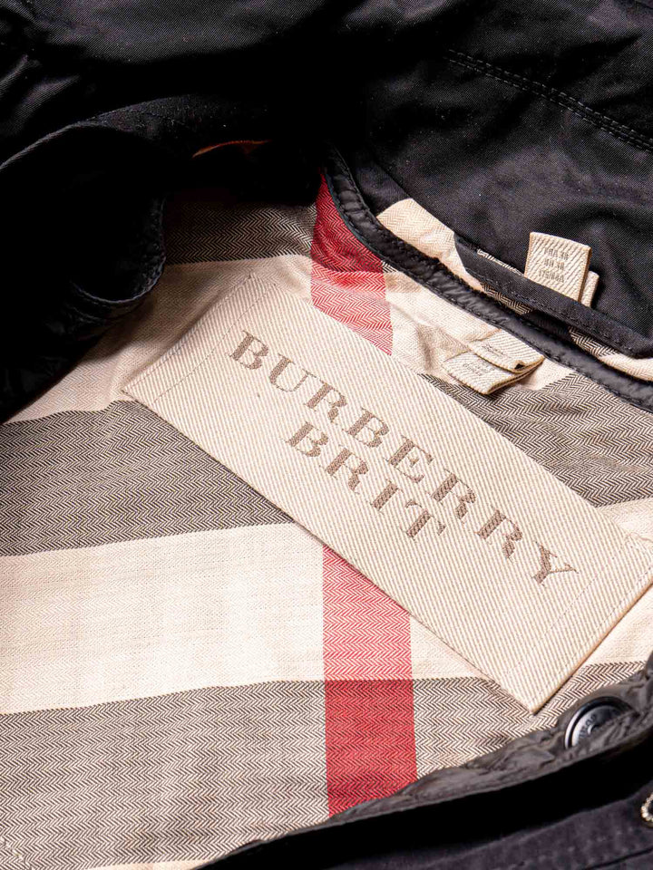 Burberry Nylon Nova Check Lined Hood Rain Coat Black