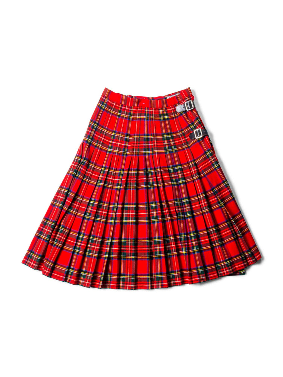 Burberry Vintage Wool Tartan Wrap Kilt Pleated Skirt Red Green-designer resale