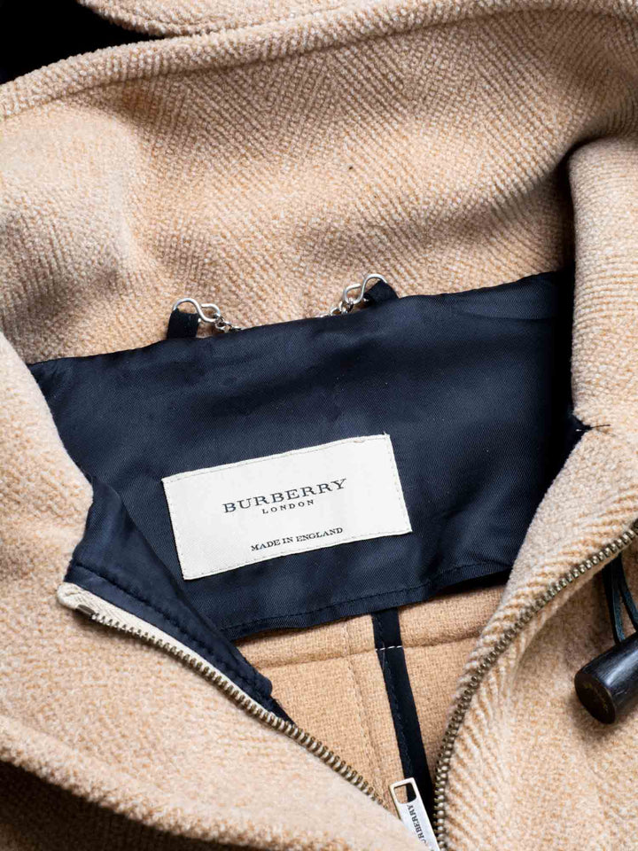 Burberry Wool Toggle Closure Hooded Duffle Jacket Beige