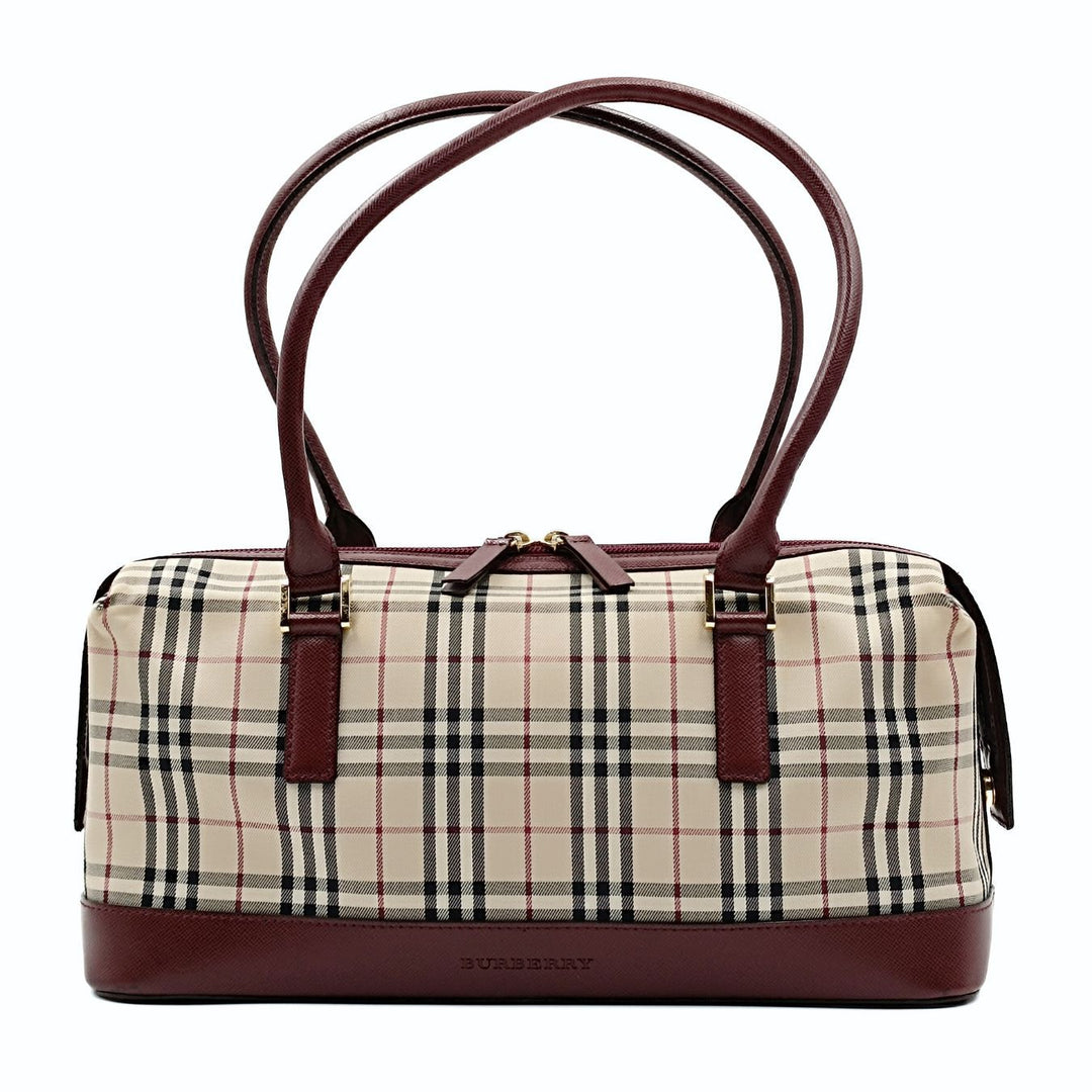 Burberry shoulder bag in burgundy check canvas and leather