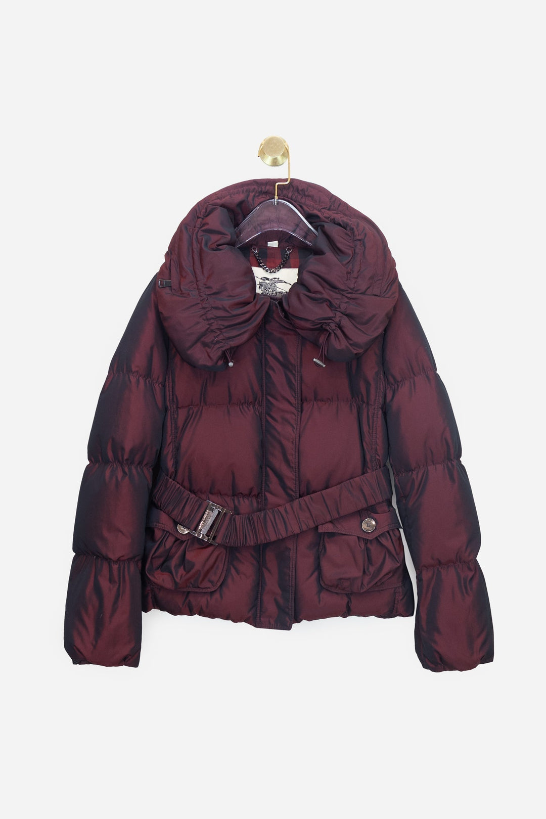 Burgundy Burberry Reflective Puffer With Belt