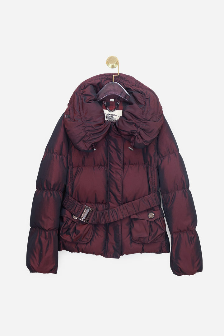 Burgundy Burberry Reflective Puffer With Belt