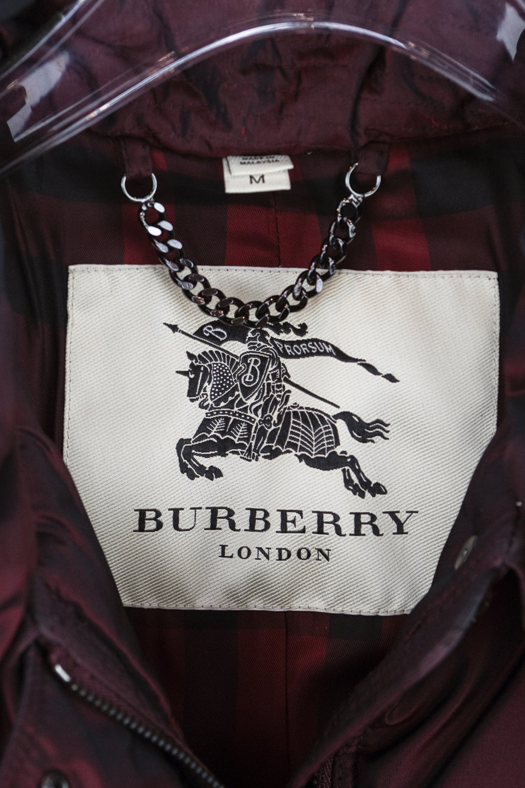 Burgundy Burberry Reflective Puffer With Belt